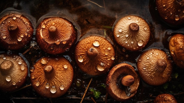 Cogumelos são mostrados em uma poça com gotas de água sobre eles.