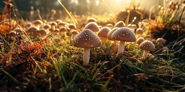 Cogumelos venenosos não comestíveis na grama na floresta em um dia ensolarado de verão Ilustração de IA generativa
