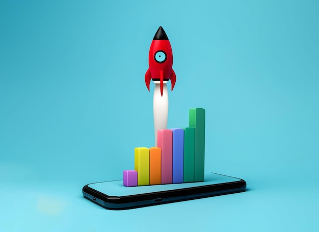 Cohete en ascenso avanzando con una barra gráfica de crecimiento en dispositivos móviles Tiempo de marketing Iniciar un negocio Estrategia de éxito empresarial