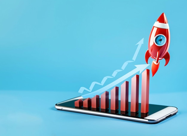 Foto cohete en ascenso avanzando con una barra gráfica de crecimiento en dispositivos móviles tiempo de marketing iniciar un negocio estrategia de éxito empresarial