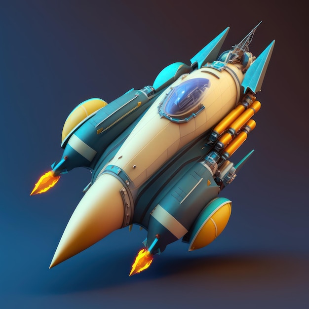Un cohete azul y amarillo con la palabra "espacio" en el frente.
