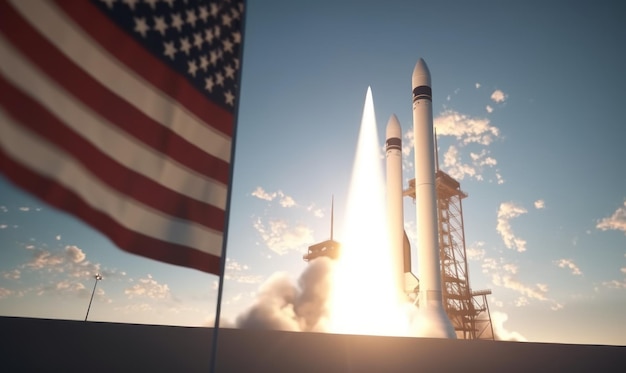 Un cohete con la bandera estadounidense y el logotipo de la agencia espacial de los Estados Unidos en la parte posterior.