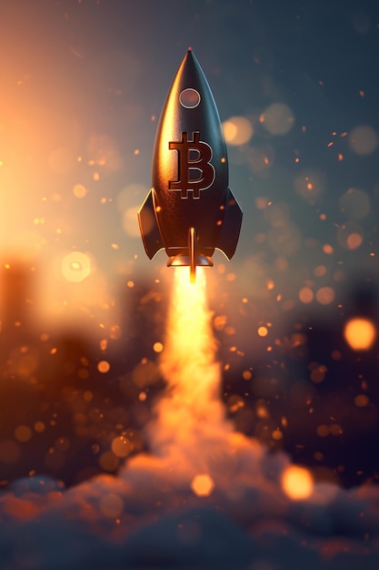 El cohete bitcoin vuela a la montaña el concepto de apreciación de la criptomoneda