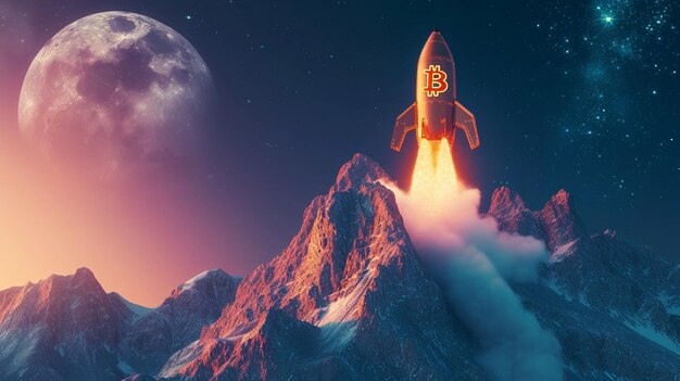 El cohete bitcoin vuela hacia la montaña.