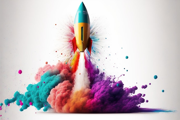 Un cohete colorido está volando en el aire con un rastro de humo de color arcoíris detrás de él.