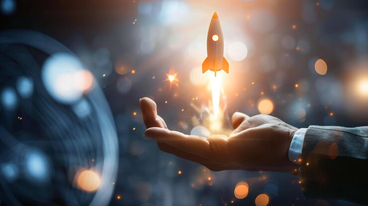 Cohete controlado por un hombre de negocios volando de la mano al cielo Concepto de éxito empresarial de rápido crecimiento