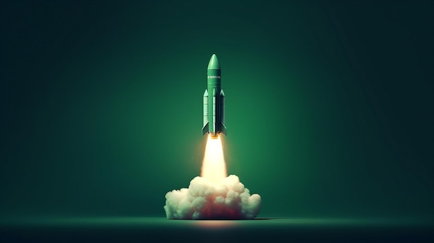Foto cohete despegando aislado sobre fondo verde generativo ai