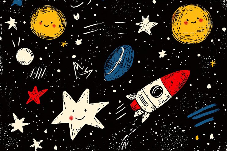 Un cohete dibujado a mano volando a través de un espacio caprichoso