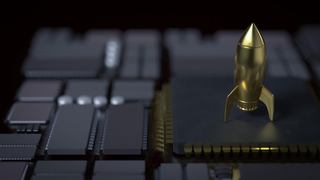 El cohete dorado en la placa base para el concepto de negocios 3d Rendering
