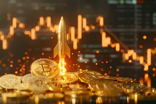 El cohete se eleva hacia el cielo desde la pila de tokens de moneda digital oro Bitcoin el ascenso