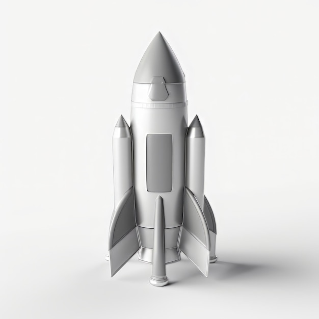 Cohete espacial plateado 3D sobre fondo blanco Modelo detallado y realista Diseño moderno y elegante