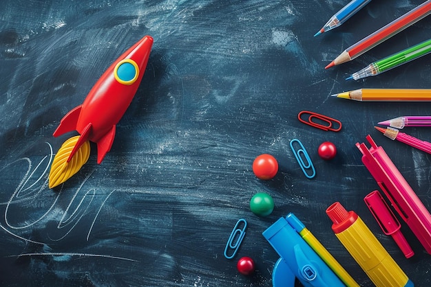 Un cohete de juguete brillante y suministros escolares en una pizarra plana con espacio para el texto
