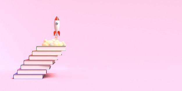 Foto cohete de juguete despega de los libros arrojando humo sobre un fondo rosa