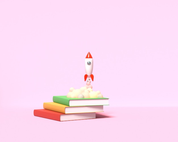 El cohete de juguete despega de los libros que arrojan humo en rosa, representación 3D