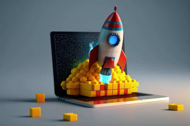 Un cohete de juguete encima de una IA de portátil abierta