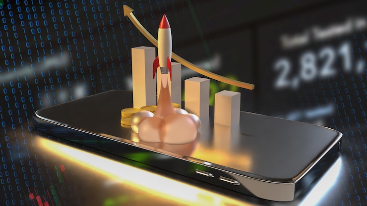 Foto el cohete y las monedas para negocios o inicio de concepto renderización 3d