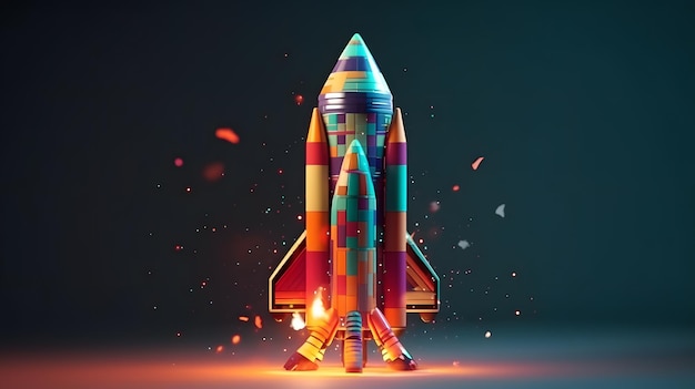 Cohete vibrante que se eleva a través de los cielos del arcoíris inspirado en el arte de representación 3D de Beeple y se lanza al espacio