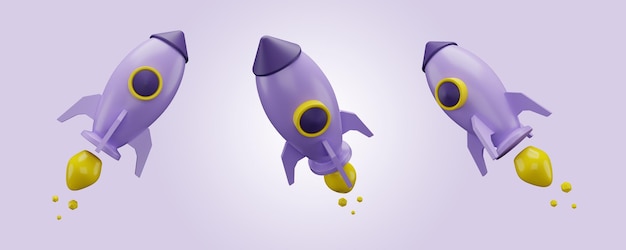 Cohete volador simple en 3D en diferentes ángulos Concepto de negocio Lanzamiento de nave espacial Mercadeo SEO