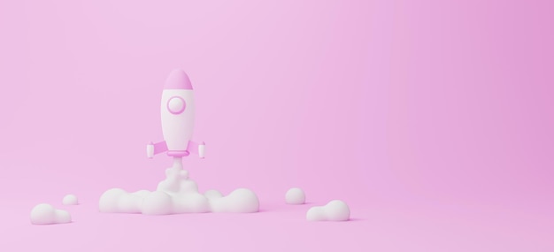 Cohete volando sobre fondo rosa 3d render ilustración