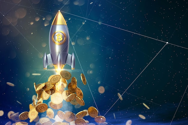 Cohete volando sobre monedas bitcoin ilustración de representación 3d