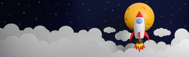 Cohete volando sobre la nube ir a la luna en el fondo de la galaxia. Concepto de inicio de negocios. Modelo e ilustración 3d.