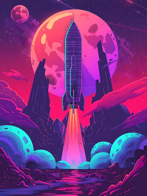 Los cohetes de Bitcoin a la Luna en un fondo espacial futurista Ilustración de criptomoneda