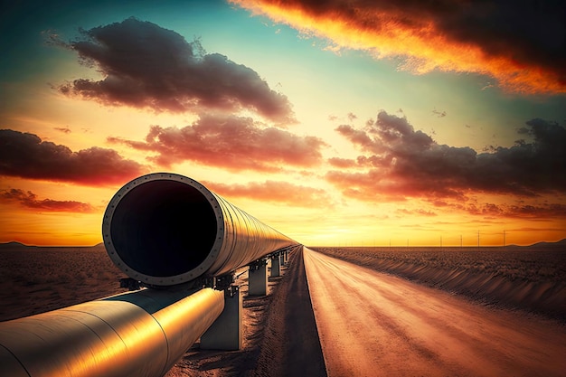 Coiled Steel Gaspipeline auf der Straße vor dem Hintergrund des Sonnenuntergangs Himmel und Wolken