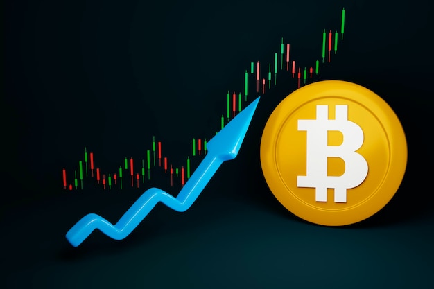 Coin bitcoin Pfeil und Candlestick japanisches Diagramm auf dunkelgrünem Hintergrund 3D-Darstellung