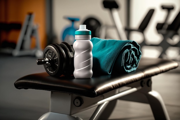 Coisas de garrafa e toalha para esportes na ilustração do ginásio de fitness Generative AI