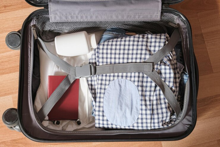 Coisas dobradas em uma mala para bagagem de mão em uma viagem de negócios roupas medicamentos passaporte