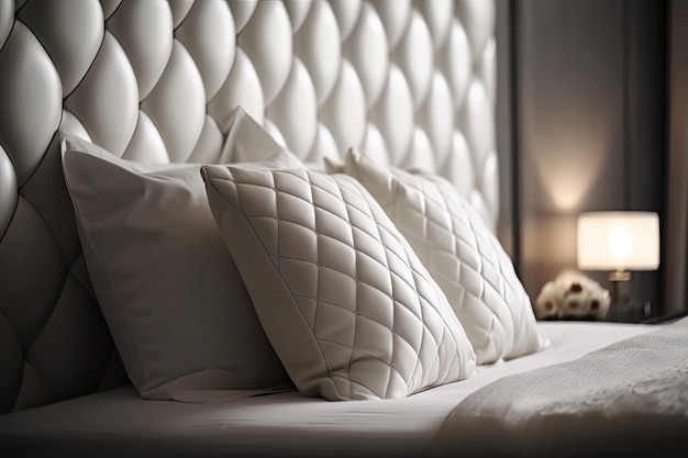 Foto cojín acolchado blanco suave en la cama con cabecero de cuero blanco en el fondo comodidad de almohada limpia cerca de un componente de la cama fondo con cabecero acolchado y diseño de maqueta para ropa de cama