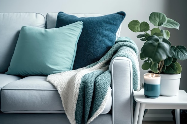 Cojín de sofá azul y decoración de manta mesa de centro de planta de lámpara de concepto verde y blanco