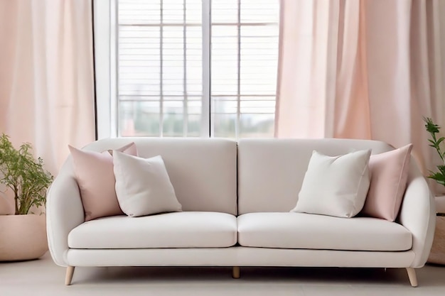 Cojines blancos en el sofá blanco contra la ventana diseño interior de estilo escandinavo de una habitación moderna