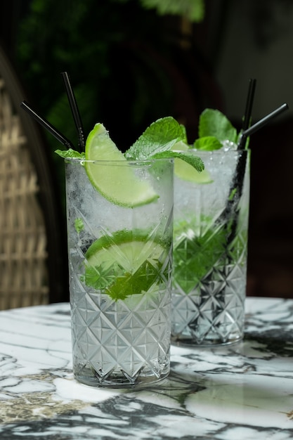 Coktail Gin Tonic oder Mojito im Glas mit Minze, Eis, Limette auf dem Hintergrund der tropischen Blätter.