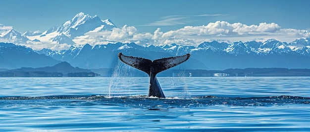 Foto la cola de una ballena jorobada se desplaza por encima del agua con majestuosas montañas cubiertas de nieve en la distancia