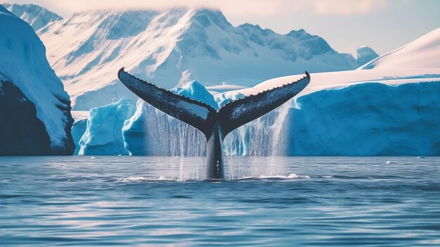 Cola de ballena junto al mar contra el fondo glacial AI