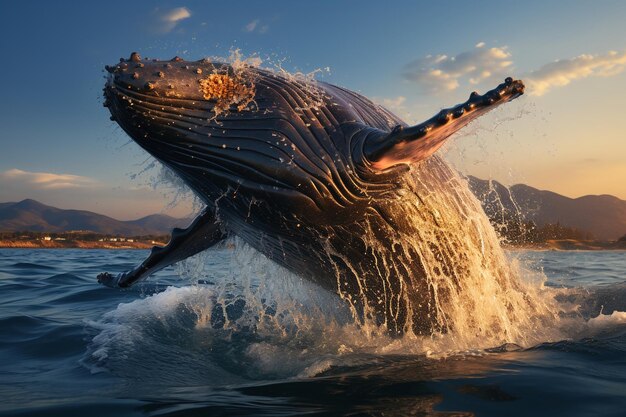 La cola de la ballena rompiendo por encima del agua mostrando salpicaduras de agua