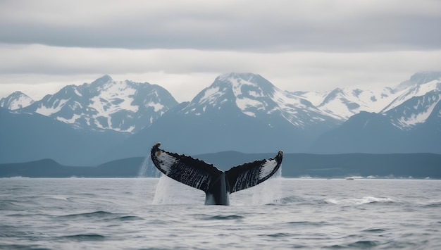 La cola de una ballena se ve en el agua con montañas al fondo.