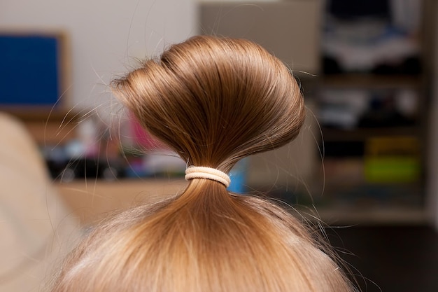 Cola de cabello en la cabeza de la niña Peinado