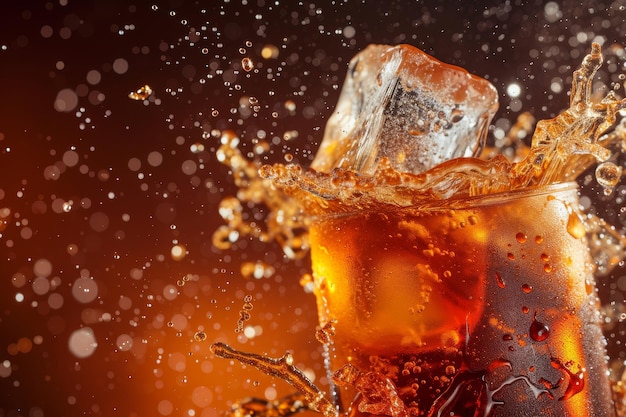 Cola com cubos de gelo e salpicaduras de papel de parede de fundo