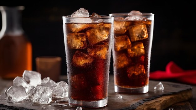 Cola con cubo de hielo aislado sobre fondo blanco.