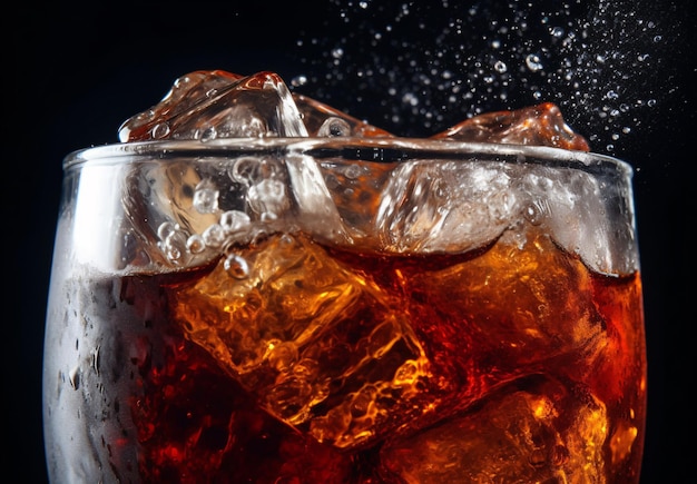 Cola frisches Erfrischungsgetränk mit Eiswürfeln, Nahaufnahme auf schwarzem Hintergrund