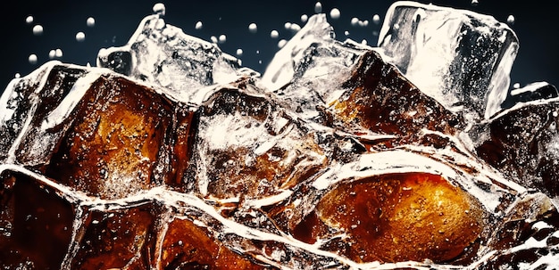 Cola con hielo Primer plano de los cubitos de hielo en agua de cola Textura de bebida carbonatada