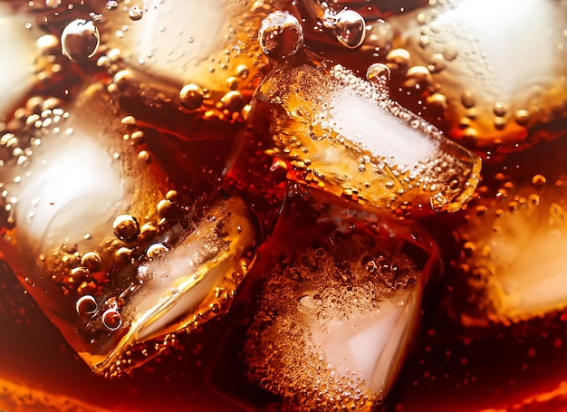 Foto cola con hielo primer plano de los cubos de hielo en agua de cola textura de la bebida de carbonato con burbujas