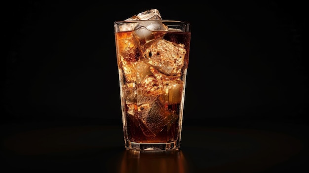Cola con hielo en vaso sobre un fondo negro