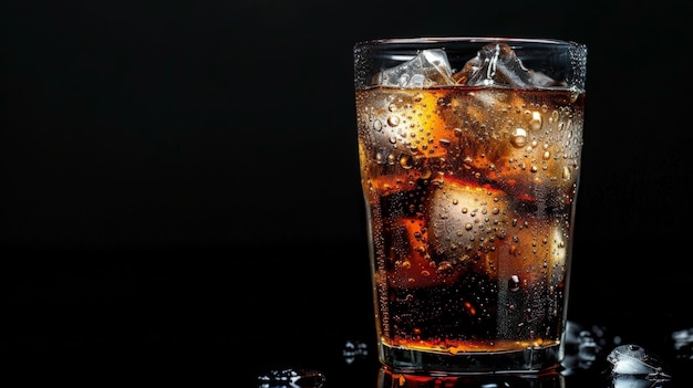 Cola con hielo en vaso sobre un fondo negro