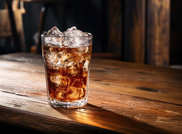 Una cola de hielo en un vaso sobre una mesa de sacos