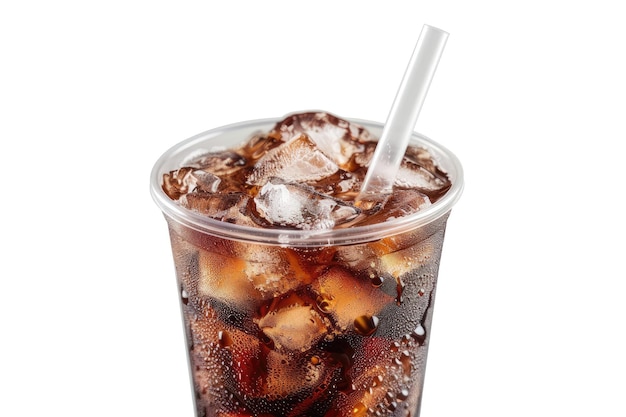 Cola mit Eis und Stroh in Take-Away-Tasse auf weißem Hintergrund