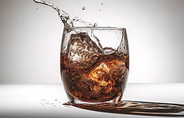 Cola mit Eiswürfeln und Spritzer im Glas auf weißem Hintergrund