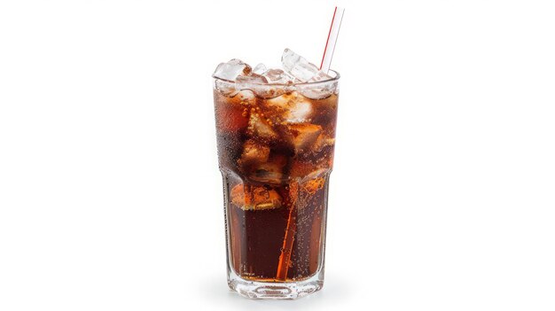 Cola mit zerkleinertem Eis und Stroh in Glas auf weißem Hintergrund